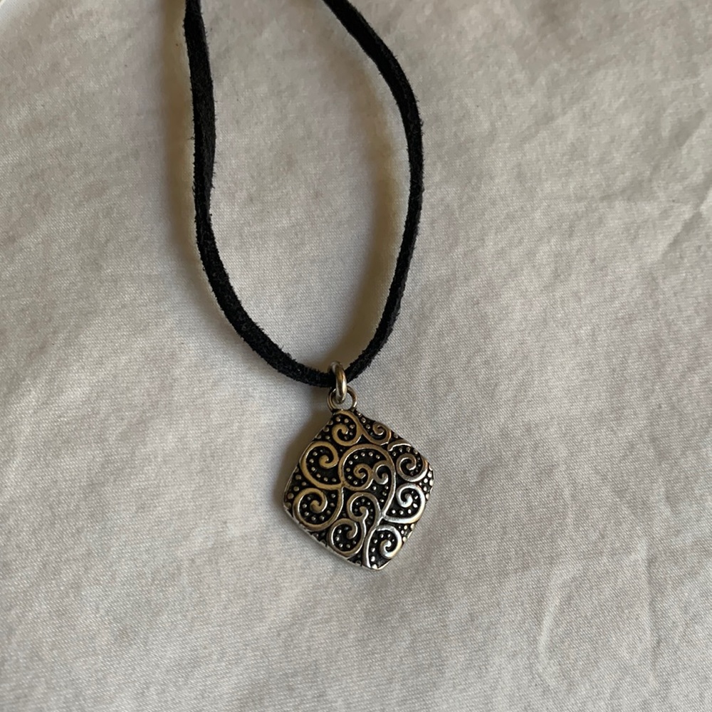 Silver deco charm leather cord chain necklace